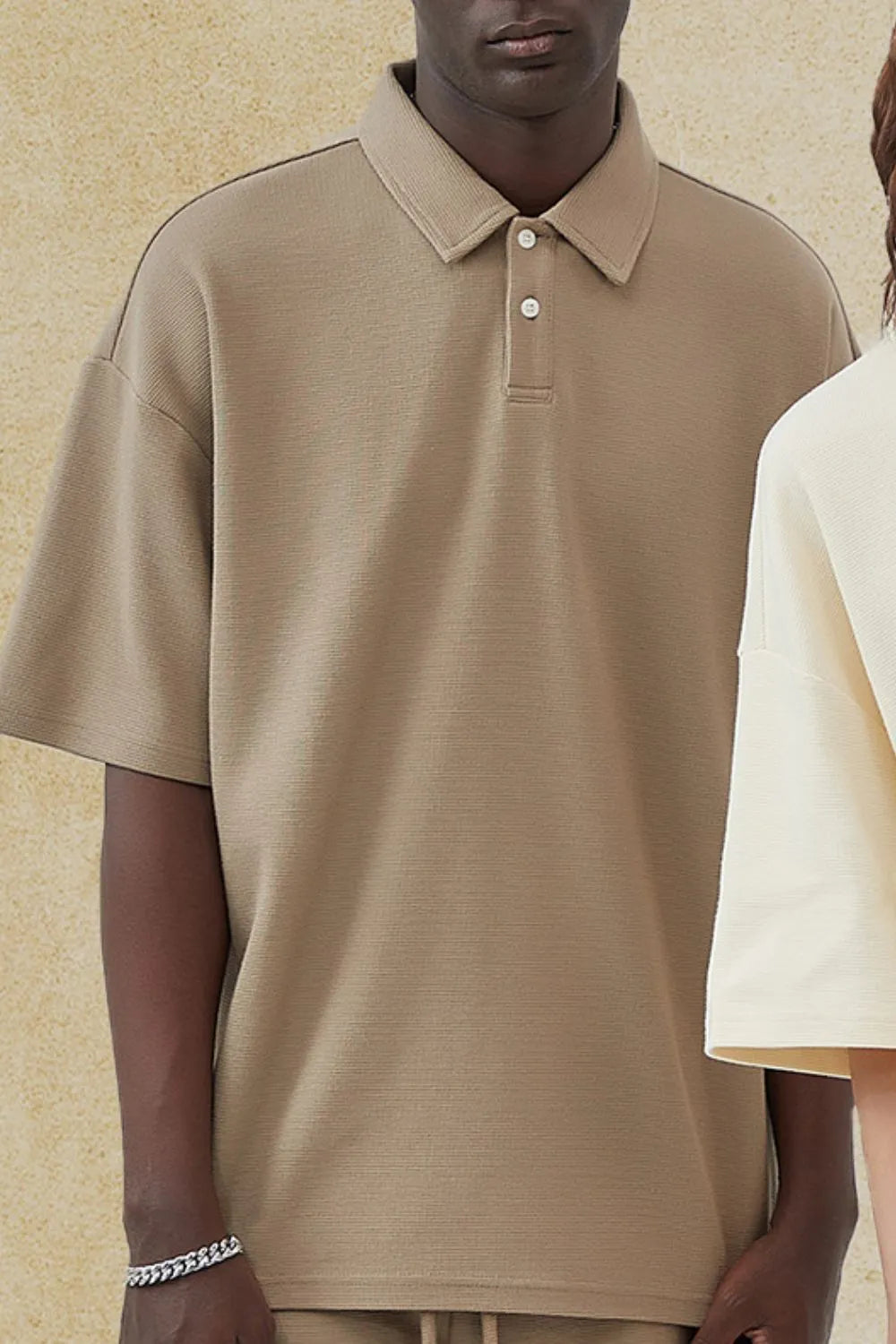 Men's collared neck half-sleeve polo shirt in beige.