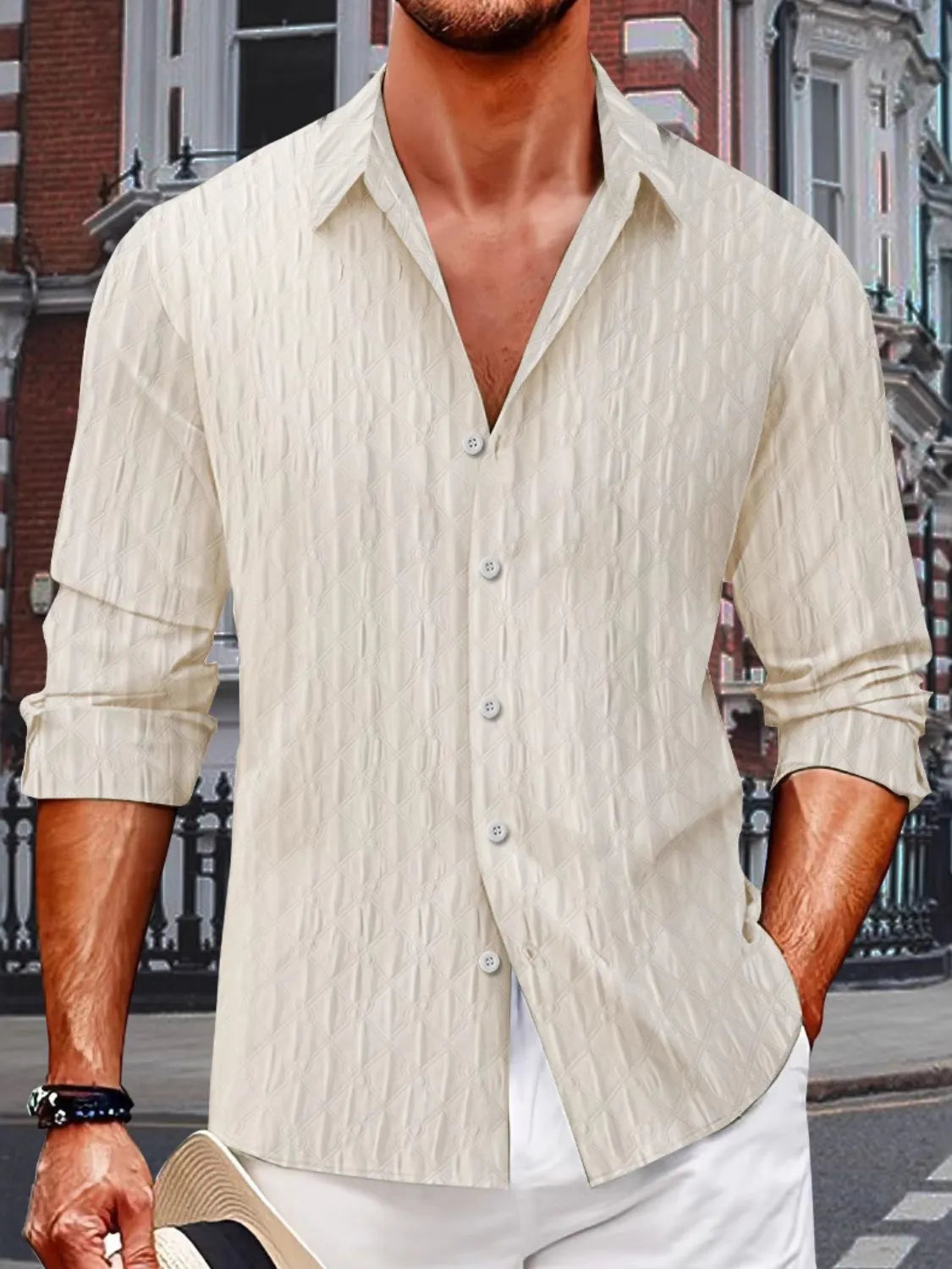 Men's full size button up long sleeve shirt in cream, slightly stretchy fabric.