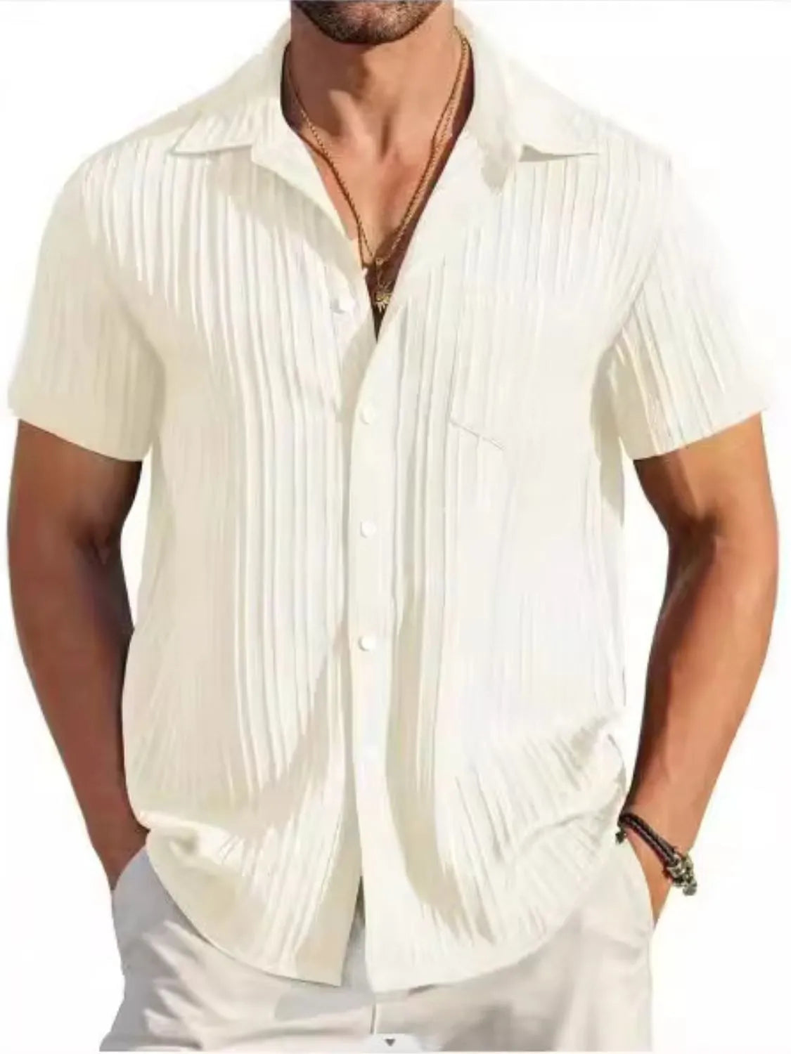 Men's full-size button-up short sleeve shirt, slightly stretchy and made of 96% polyester, 4% spandex.