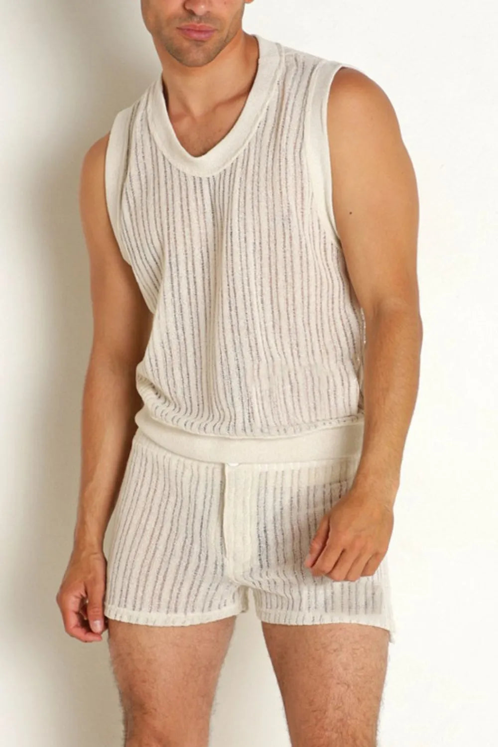 Men's full size round neck tank and shorts set, basic openwork design, plus size.
