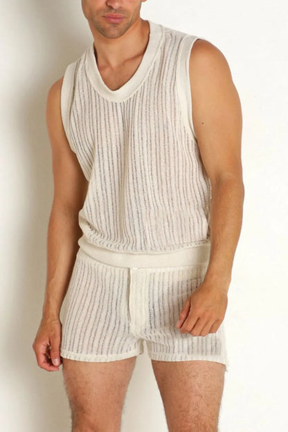 Men's full size round neck tank and shorts set, basic openwork design, plus size.