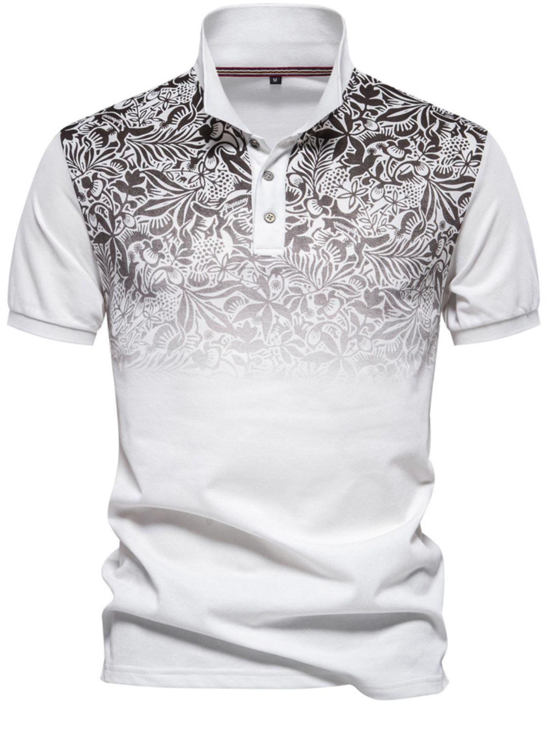 Men's printed collared neck short sleeve polo in white with a black floral pattern.