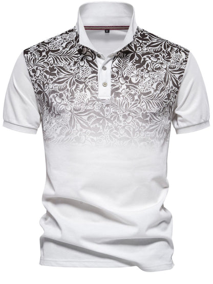 Men's printed collared neck short sleeve polo in white with a black floral pattern.