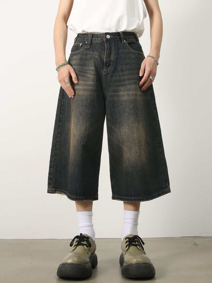 Men's wide leg denim shorts, basic style, pocketed, 100% cotton.