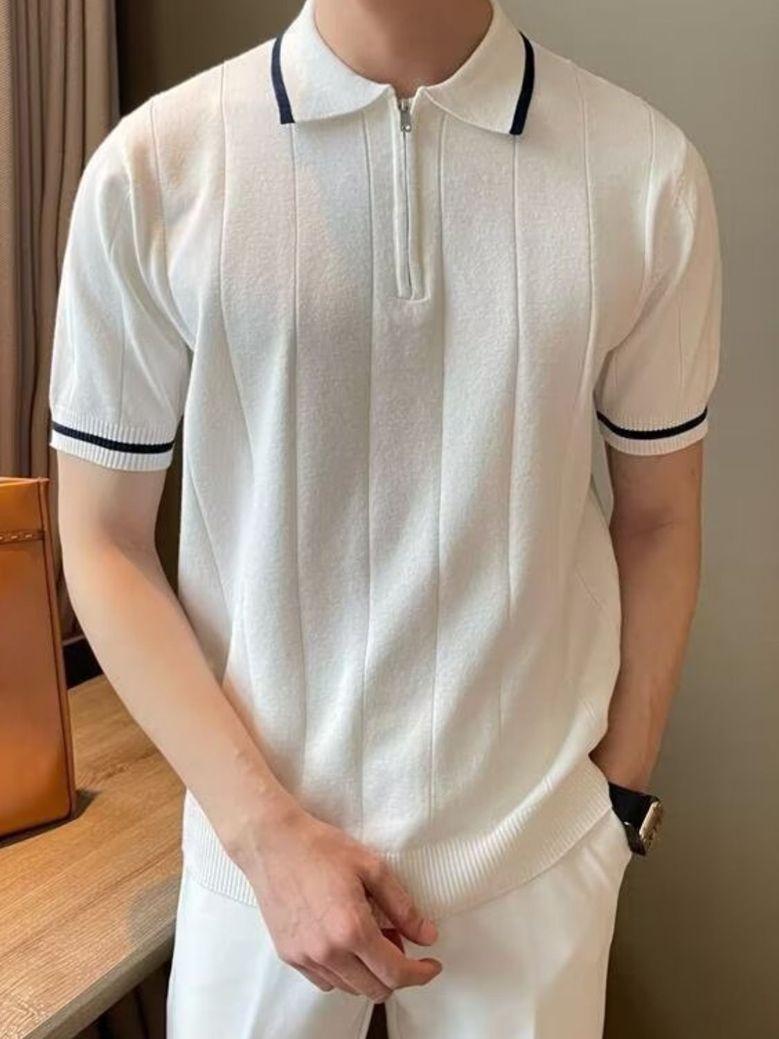 Men's plus size white quarter zip short sleeve polo, moderate stretch, polyester-cotton blend.