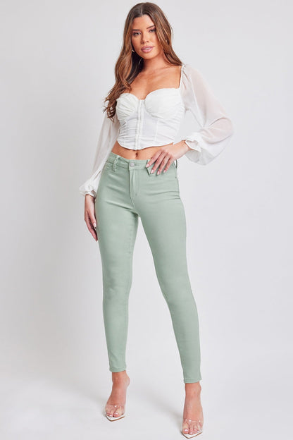 YMI Jeanswear Hyperstretch Mid-Rise Skinny Jeans in green, featuring a sleek and stretchy fit.