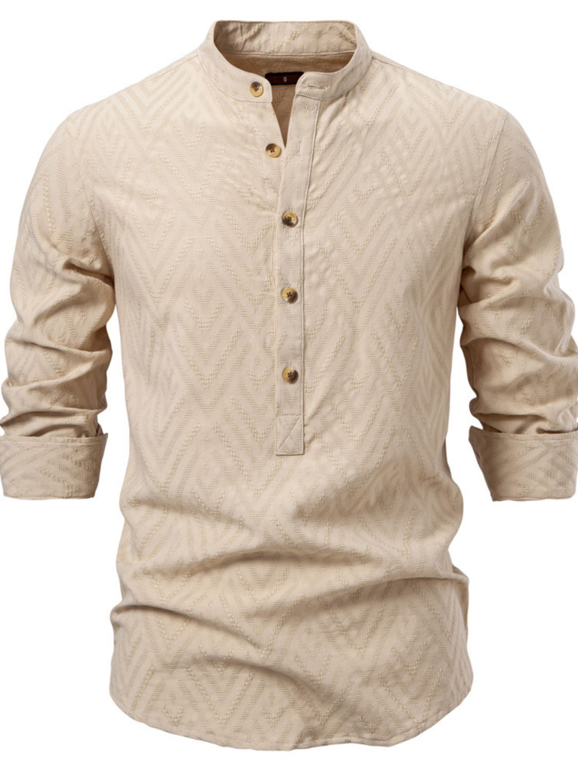 Men's half button geometric texture collared shirt, slightly stretchy, cotton-rayon blend.