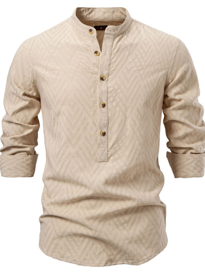 Men's half button geometric texture collared shirt, slightly stretchy, cotton-rayon blend.
