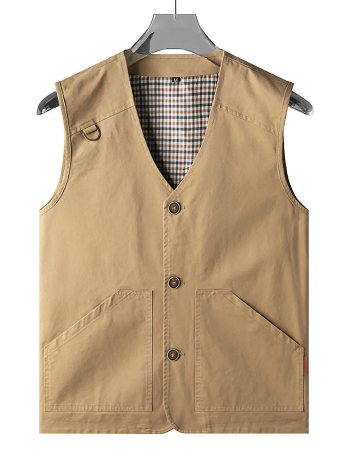 Men's plus size button-up vest in khaki with basic style and button closure.