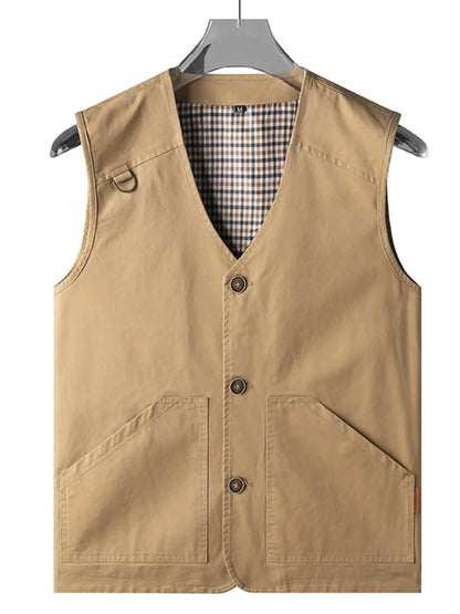 Men's plus size button-up vest in khaki with basic style and button closure.