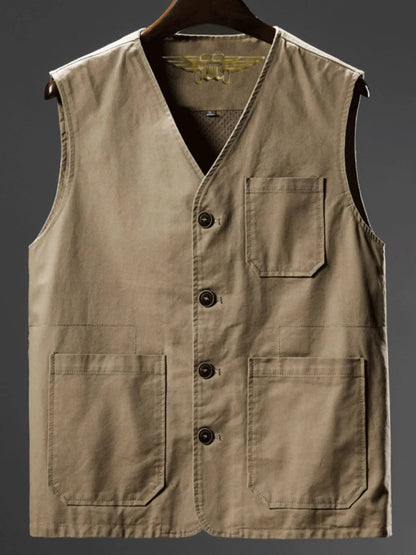Men's plus size button up vest in basic style, slightly stretchy with front pockets.