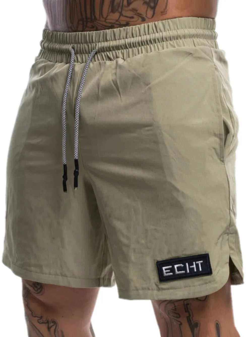 Men's plus size drawstring shorts with pockets in beige, featuring nylon and polyester blend, ideal for casual wear.