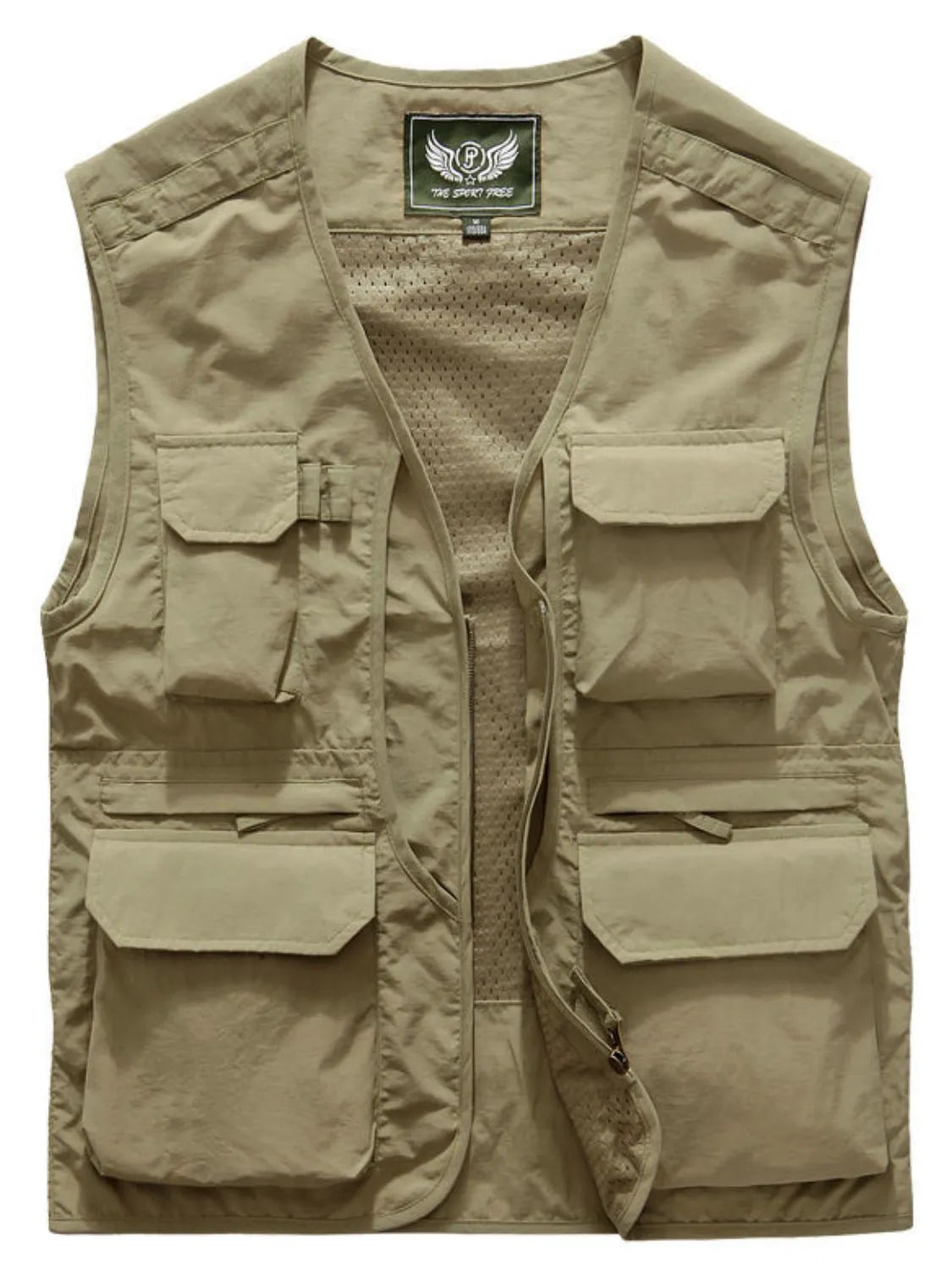 Men's plus size zip up V-neck vest, nylon, beige color.