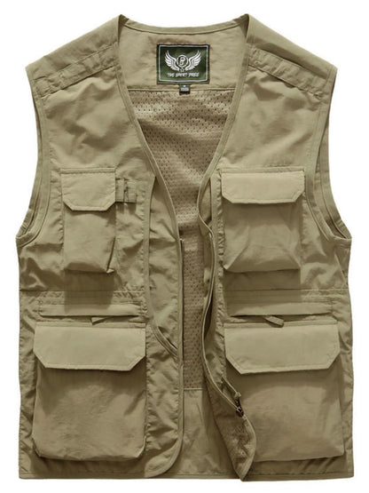 Men's plus size zip up V-neck vest, nylon, beige color.