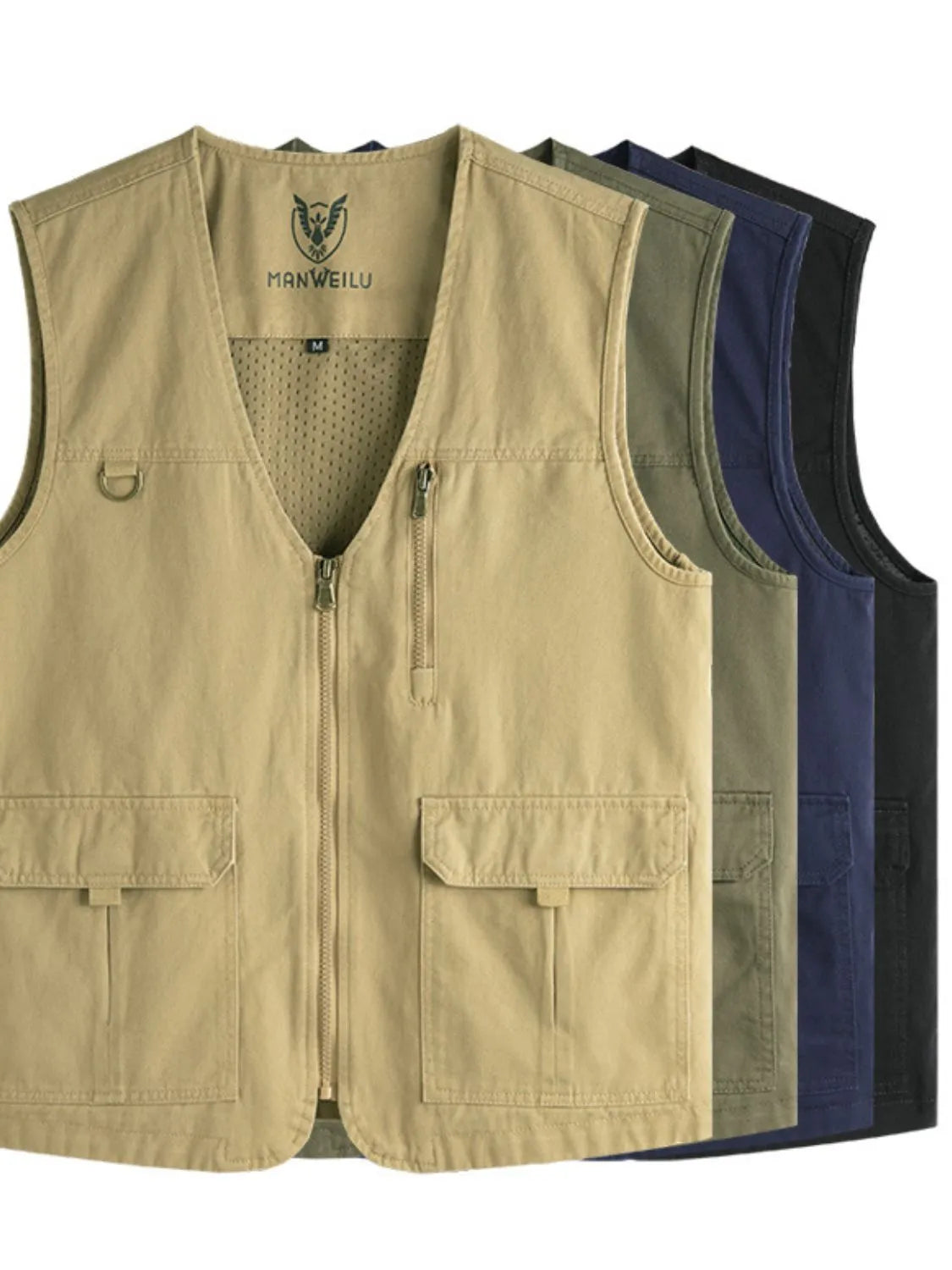 Men's plus size zip-up V-neck vest in various colors with pockets.