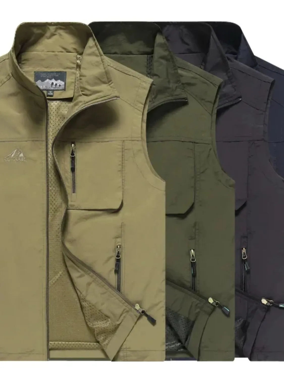 Men's plus size zip up vest, basic style, slightly stretchy nylon material.