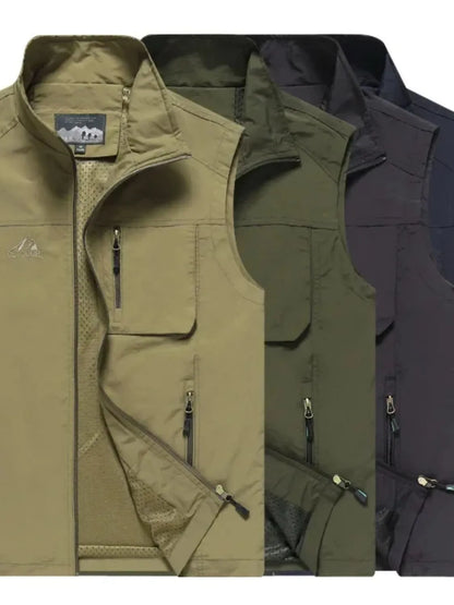 Men's plus size zip up vest, basic style, slightly stretchy nylon material.
