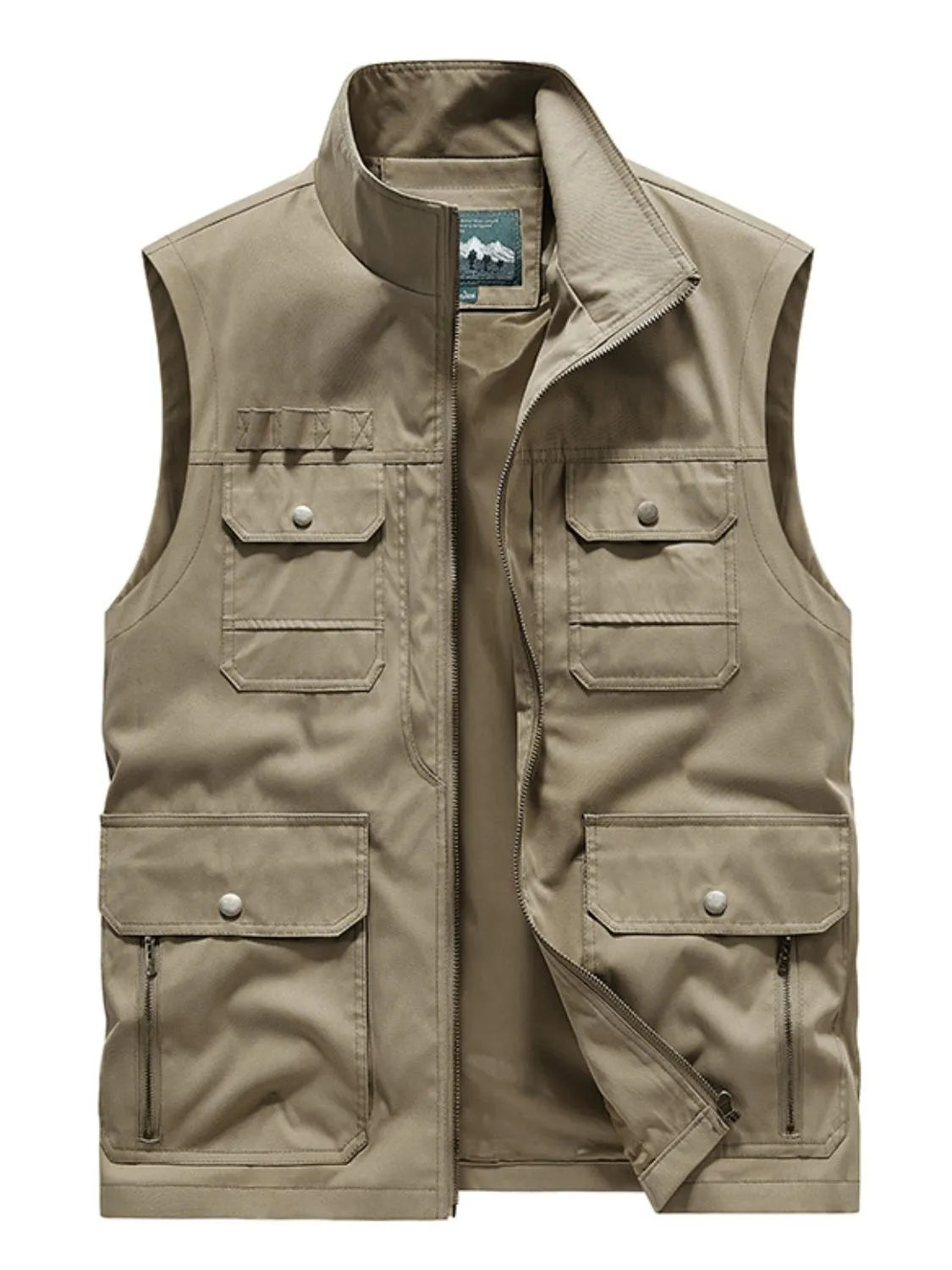 Men's plus size zip up vest in khaki, featuring multiple pockets and slightly stretchy polyester fabric.