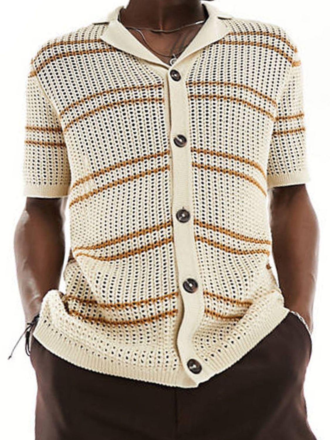 Men's striped collared neck hollow out shirt in beige with brown stripes.