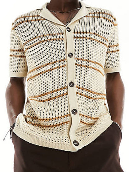 Men's striped collared neck hollow out shirt in beige with brown stripes.
