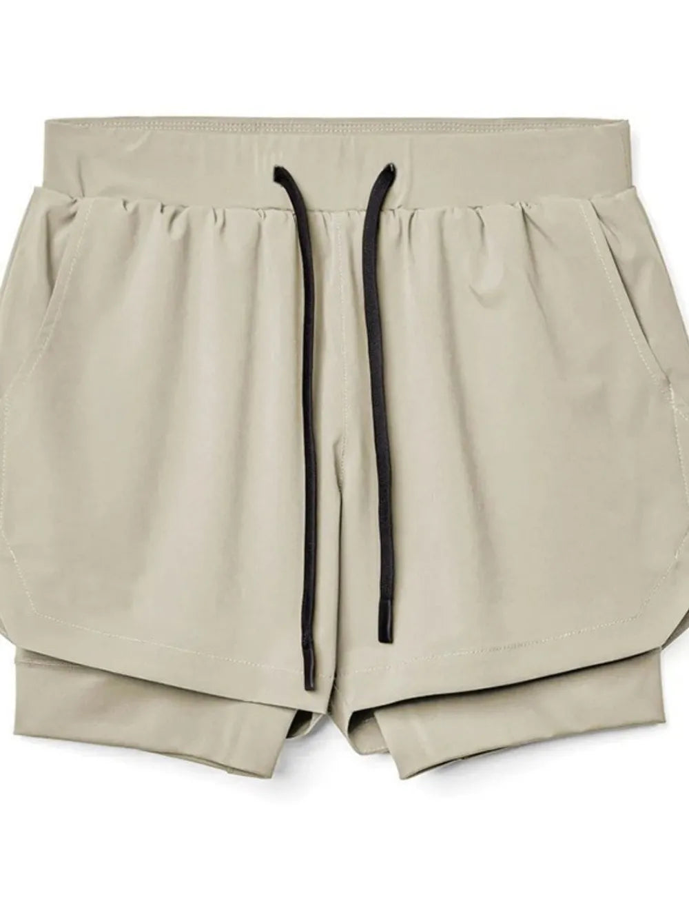 Men's drawstring active shorts in beige with black drawstring.