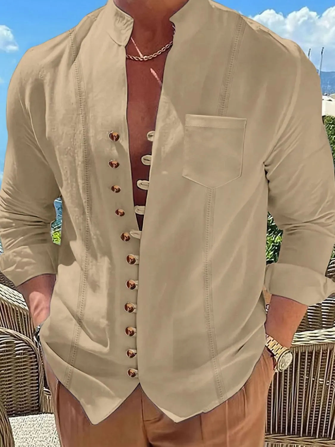 Men's full-size button-up long sleeve shirt in beige with chest pocket and slightly stretchy fabric.