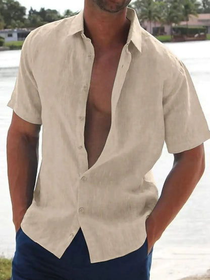 Men's full size button up short sleeve shirt in light color, slightly stretchy fabric.