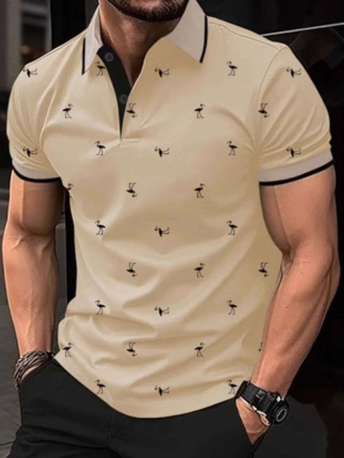 Men's full size collared neck short sleeve polo, slightly stretchy with flamingo pattern.