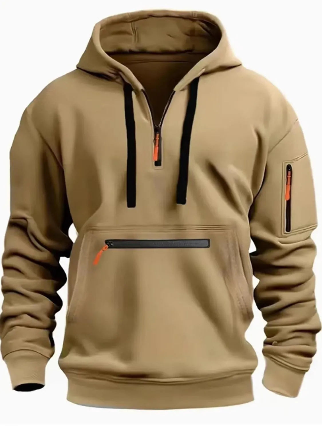 Men's full size half zip long sleeve hoodie in khaki, slightly stretchy with a basic style design.