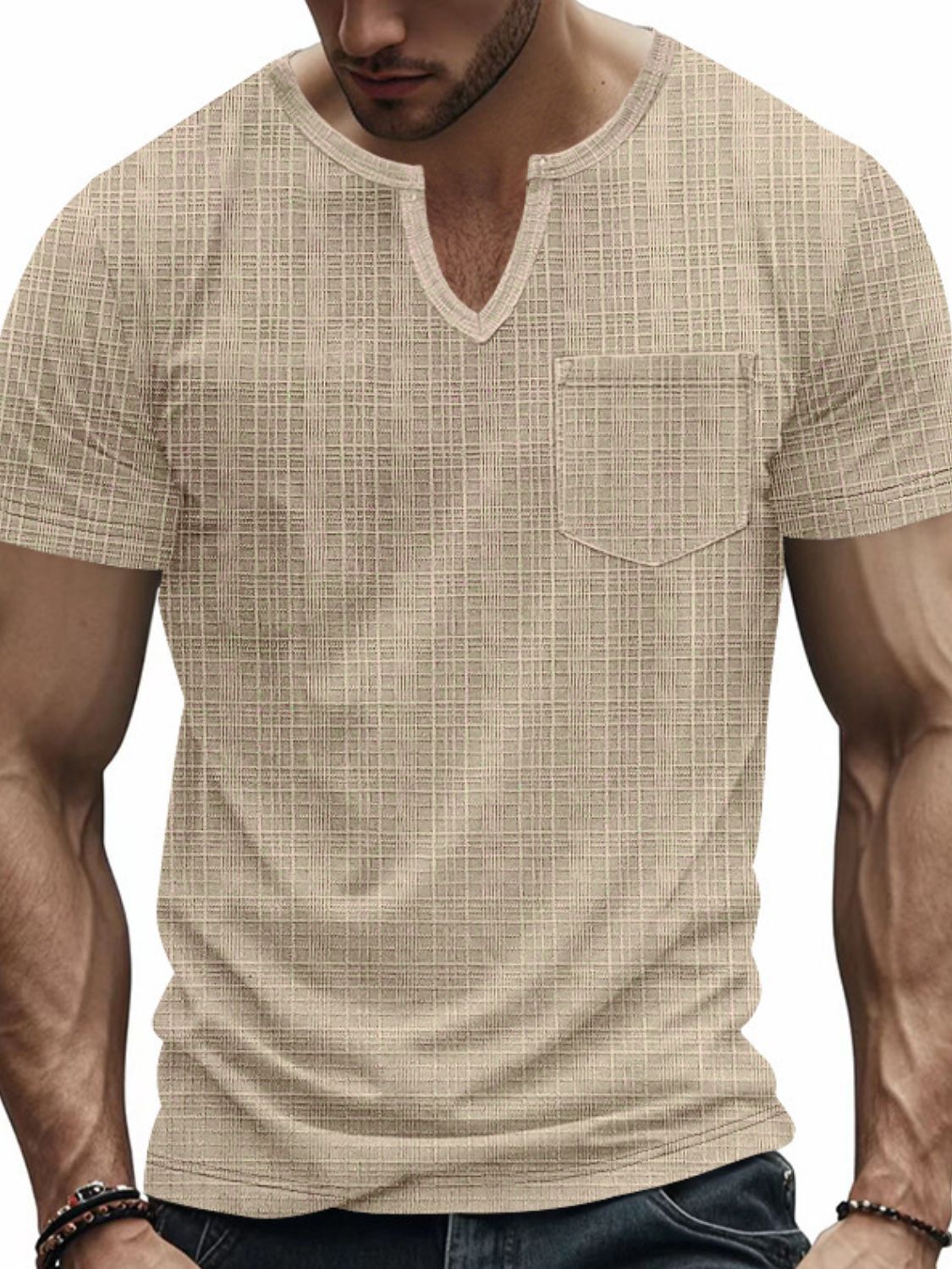 Men's full size notched short sleeve T-shirt, basic style, slightly stretchy, polyester fabric.