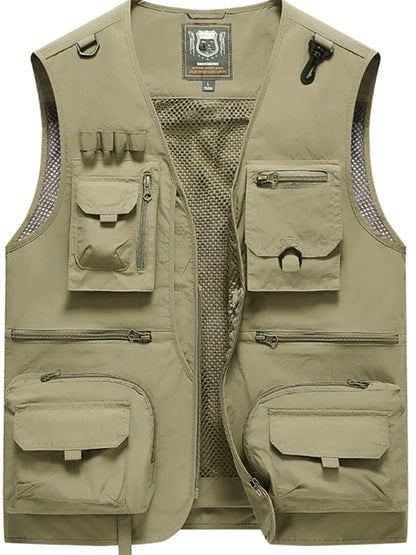 Men's full-size zip-up vest with pockets, nylon material, slightly stretchy.