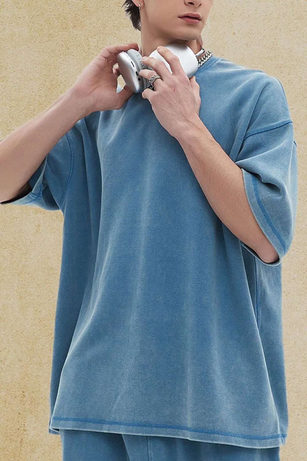 Men's Round Neck Half Sleeve T-Shirt in blue, casual fit with slight stretch.