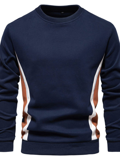Men's side striped contrast round neck sweatshirt, slightly stretchy, cotton-poly blend.