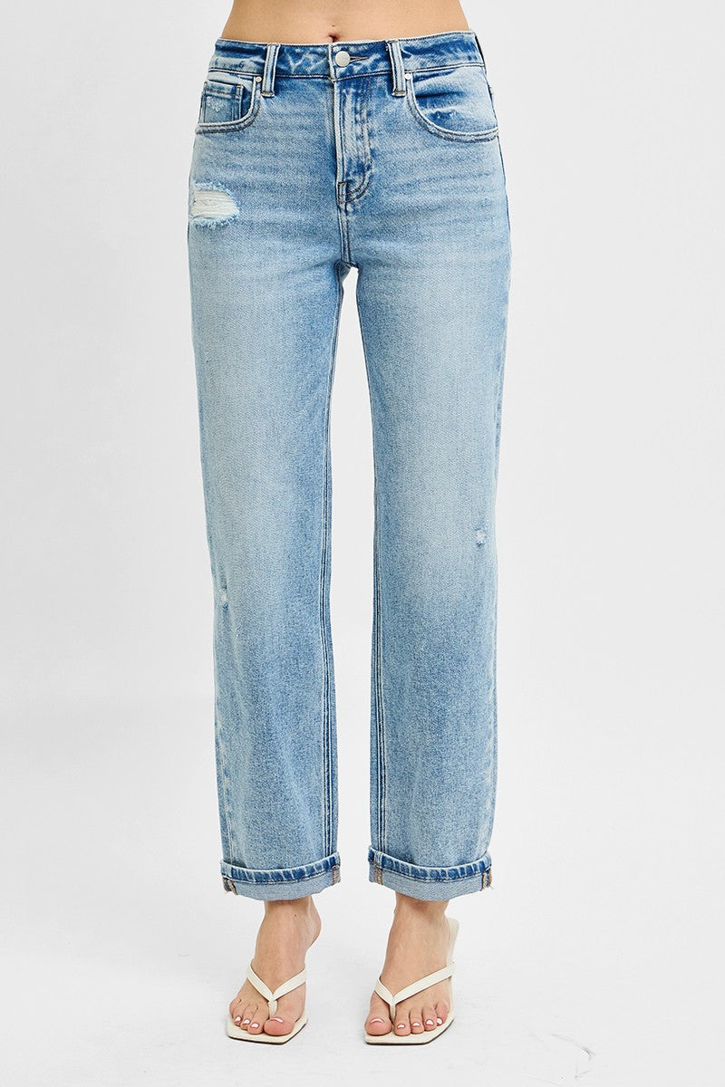 Full Size High Rise Ankle Boyfriend Distressed Jeans Plus Size with pockets and slightly stretchy fabric.
