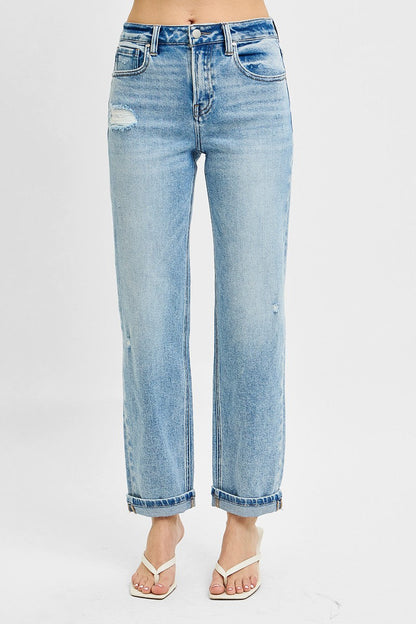 Full Size High Rise Ankle Boyfriend Distressed Jeans Plus Size with pockets and slightly stretchy fabric.