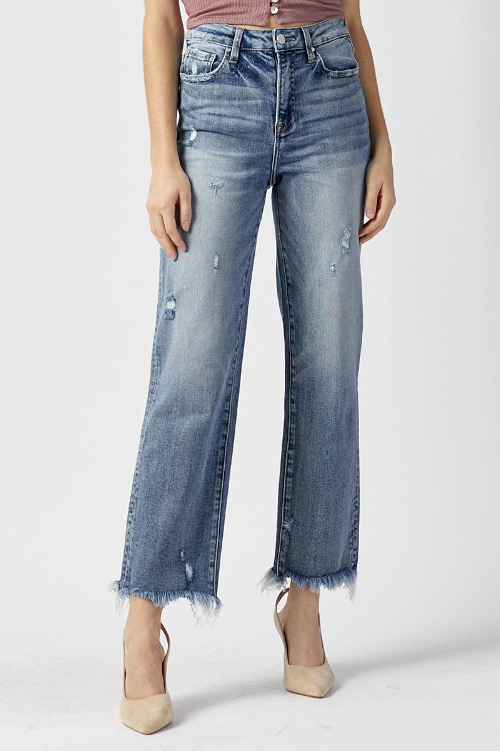 High Waist Raw Hem Straight Jeans with Distressed Details