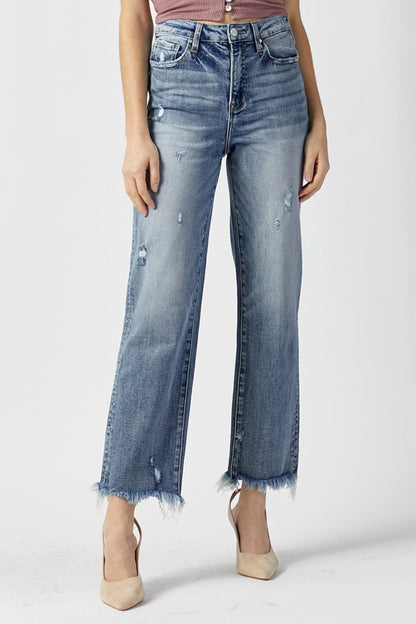 High Waist Raw Hem Straight Jeans with Distressed Details