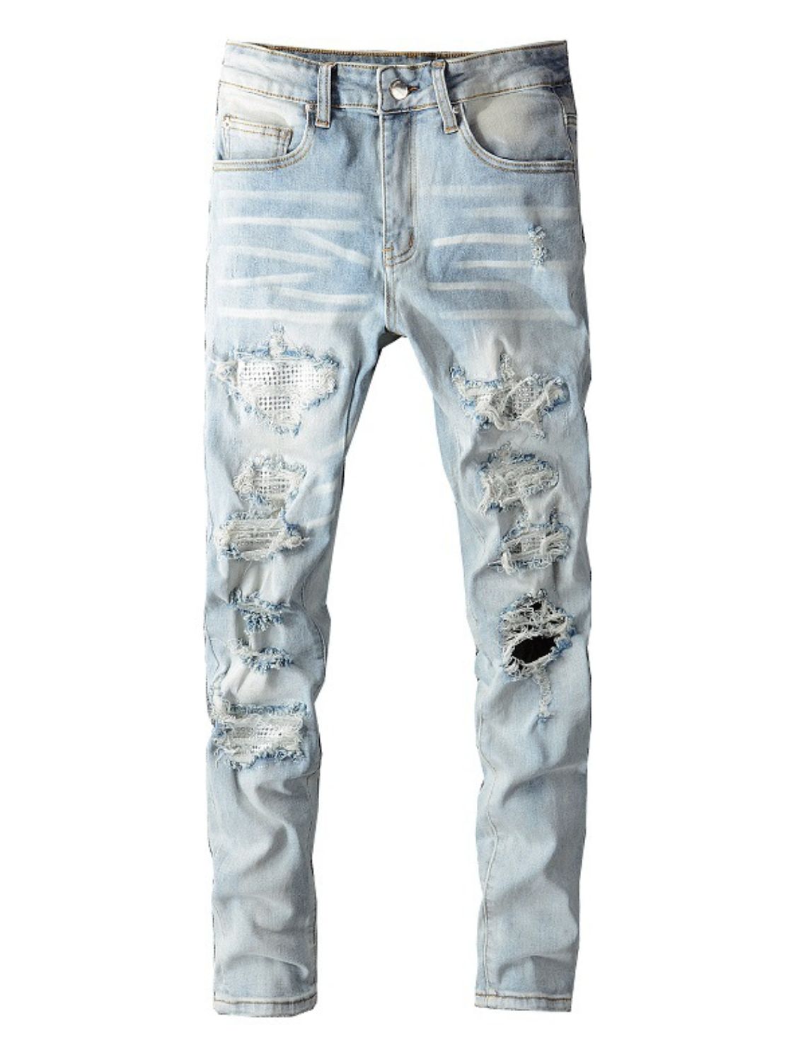 Men's distressed jeans with pockets, no stretch, cotton blend, light wash.