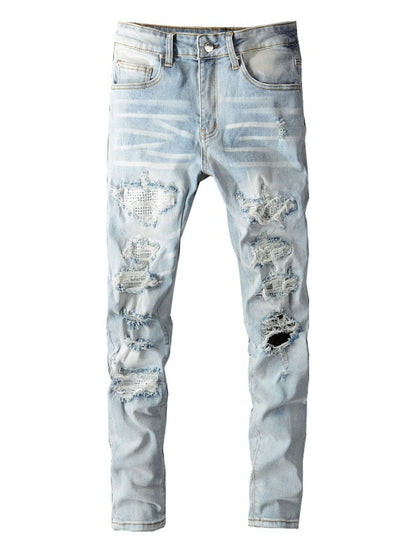 Men's distressed jeans with pockets, no stretch, cotton blend, light wash.