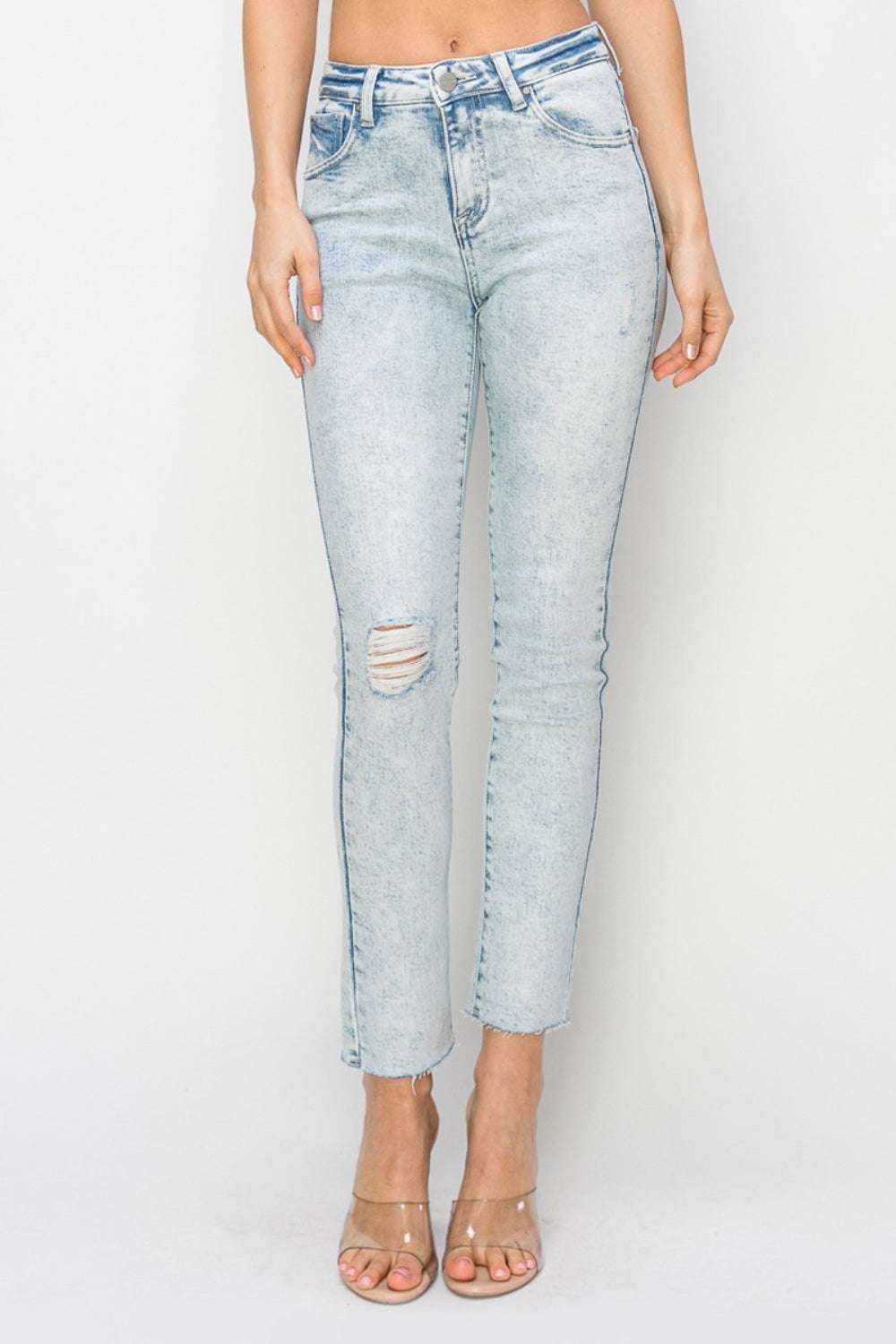 Full size high rise distressed skinny jeans, light wash, versatile casual wear.