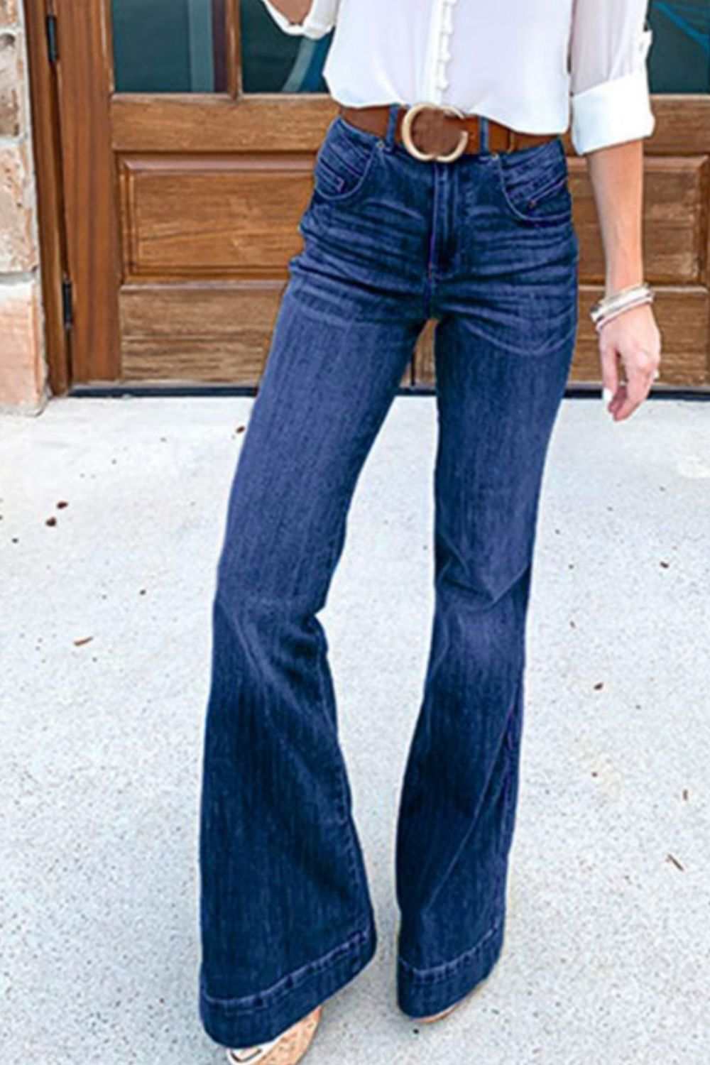 Full-size flare jeans with pockets, buttoned, plus size.