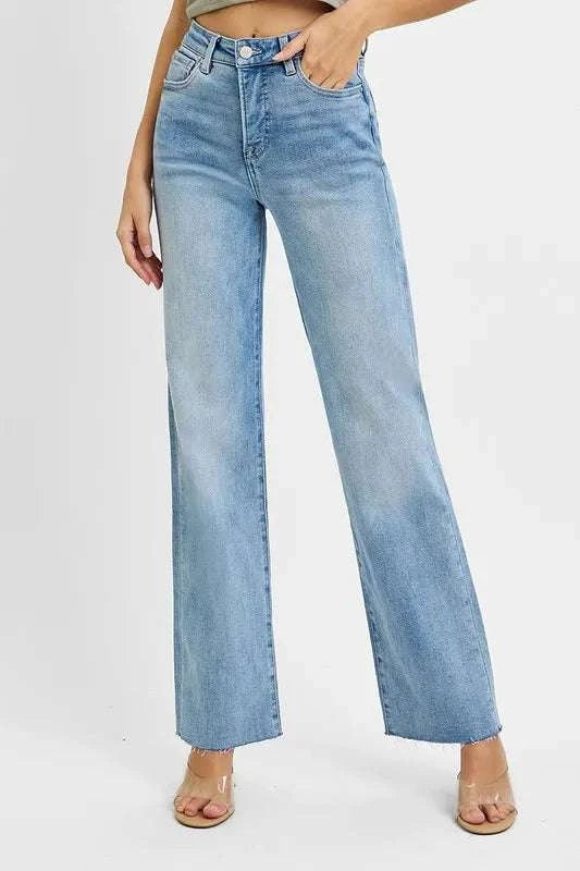 Tummy Control Rise Straight Jeans with high-rise waistband and pocket detailing.