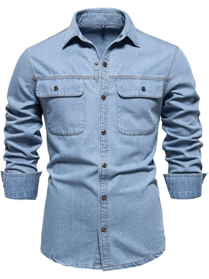 Men's collared neck denim shirt with chest pockets, 100% cotton, buttoned style.