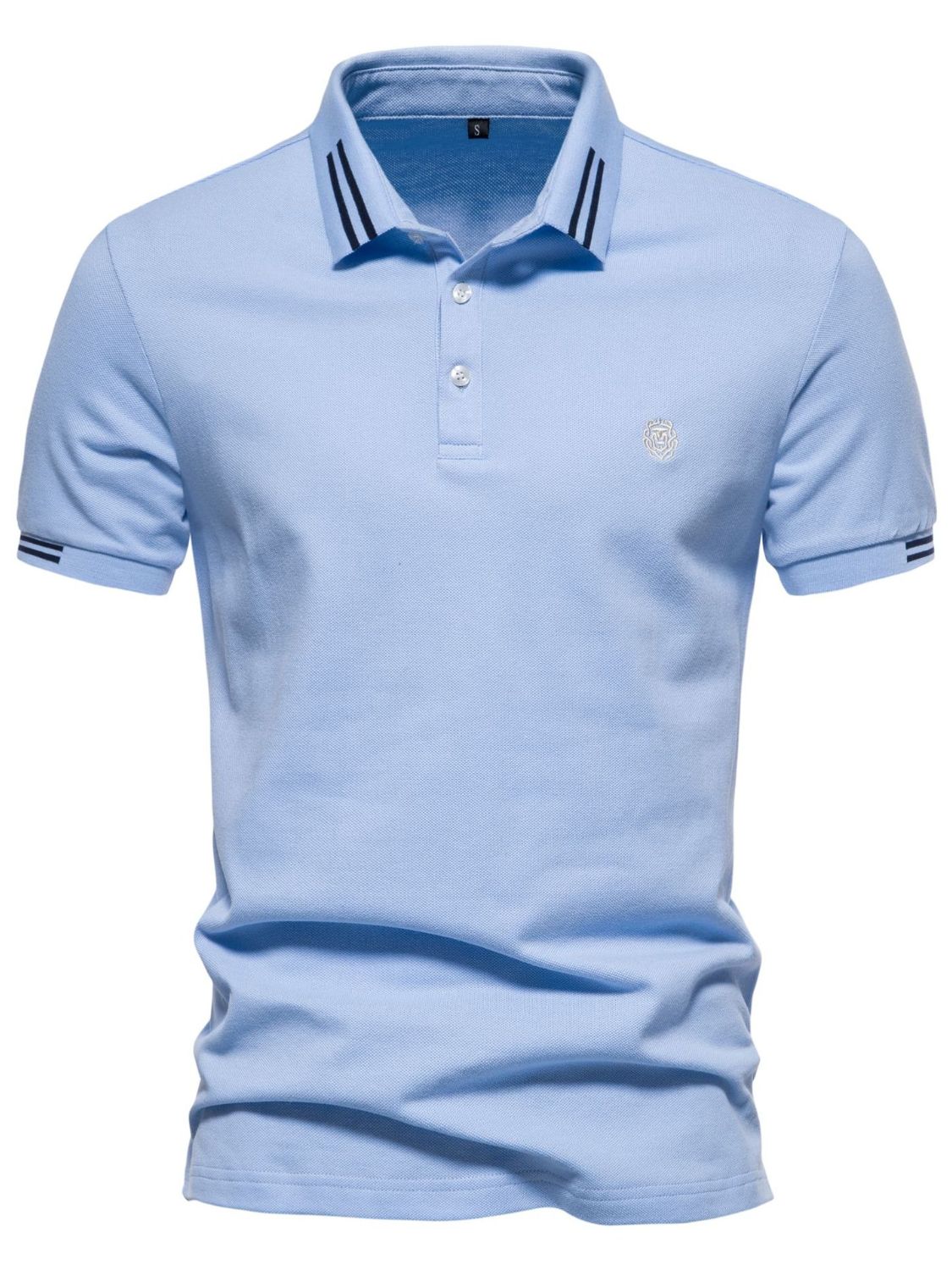 Men's embroidered striped short sleeve polo shirt in light blue, 100% cotton.