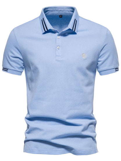 Men's embroidered striped short sleeve polo shirt in light blue, 100% cotton.