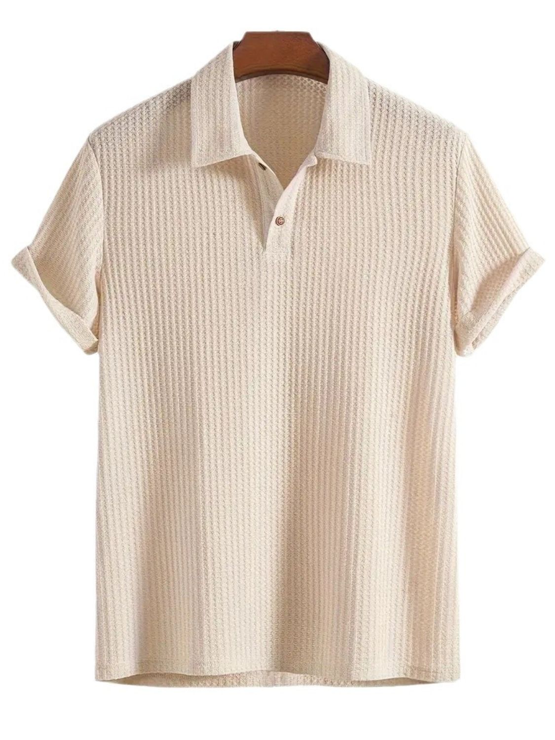 Men's waffle-knit collared neck short sleeve polo in cream color.