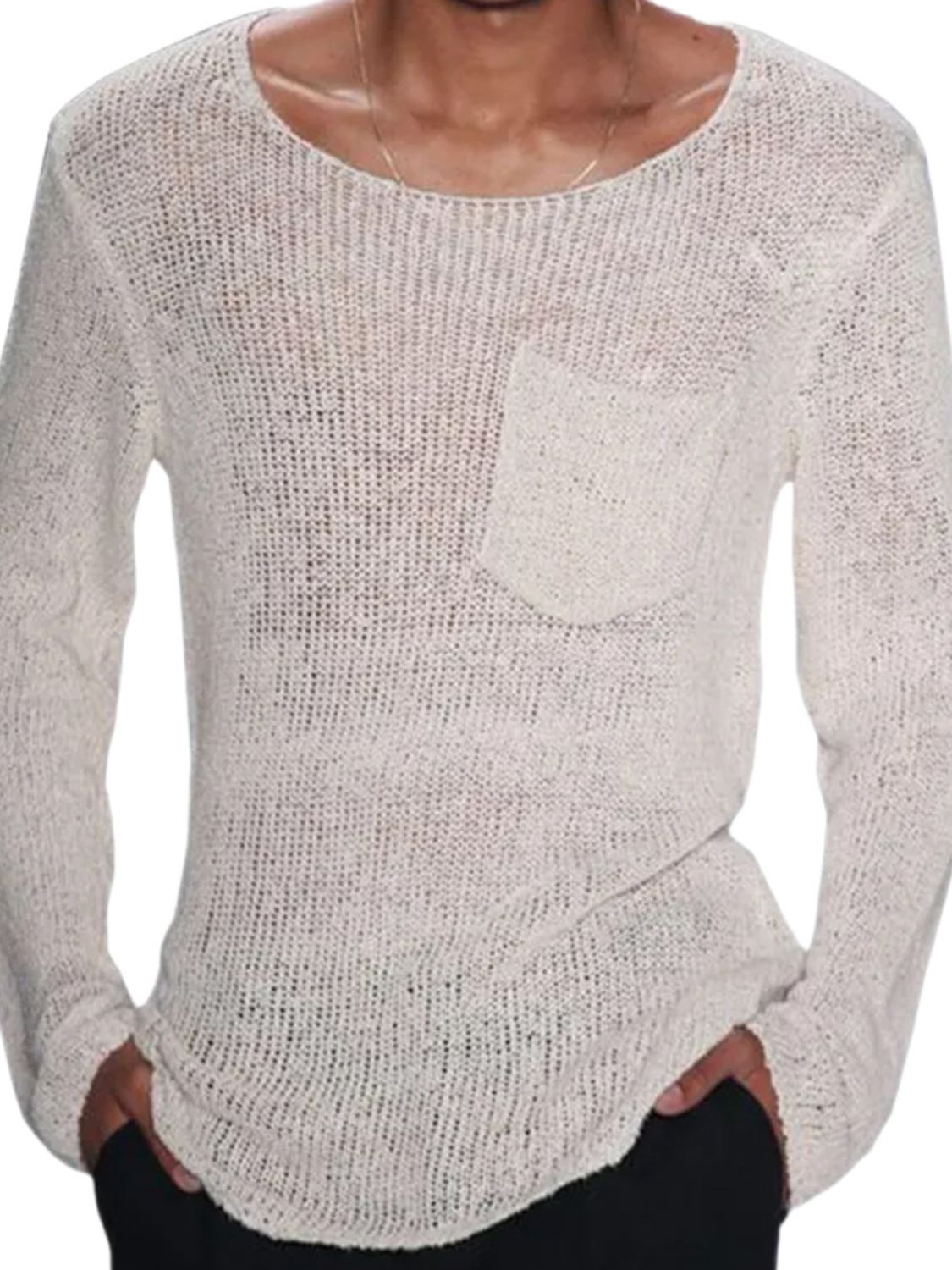 Men's plus size round neck long sleeve knit t-shirt in white.