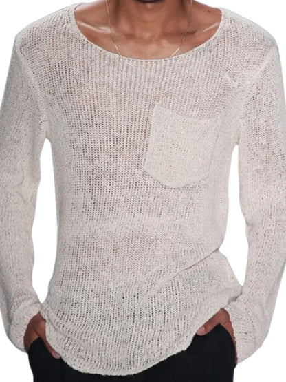 Men's plus size round neck long sleeve knit t-shirt in white.