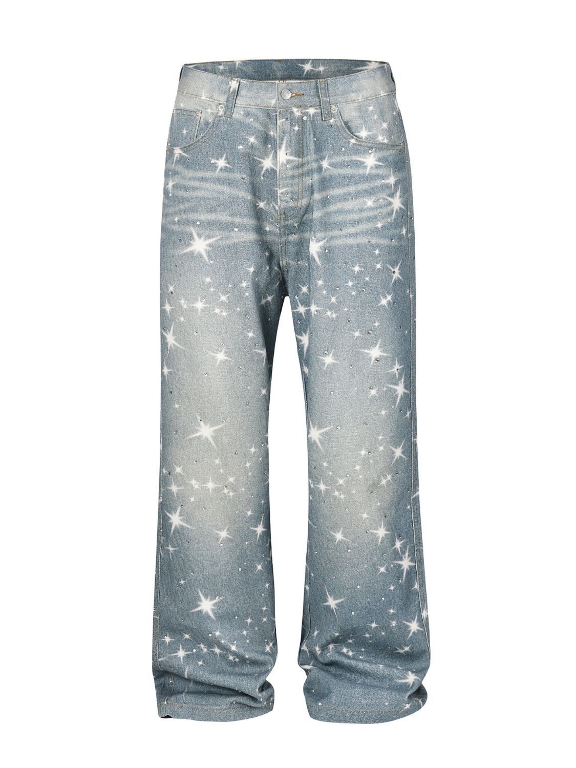 Washed Rhinestone Star Print Jeans with sparkling details, cotton-polyester blend, casual fit.