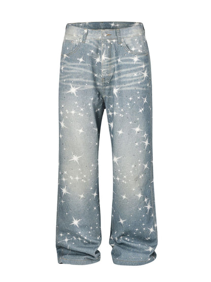 Washed Rhinestone Star Print Jeans with sparkling details, cotton-polyester blend, casual fit.